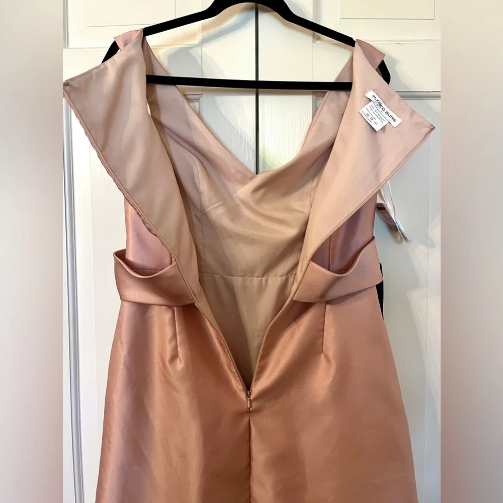 ALFRED SUNG Off-the-Shoulder Draped Wrap Satin Maxi Dress Toasted Sugar 8 AS IS - Picture 5 of 11